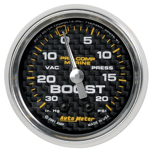 AutoMeter 200774-40 Autometer Marine Carbon Fiber 2-1/16in 30INHG/20PSI Mechanical Vacuum/Boost Gauge