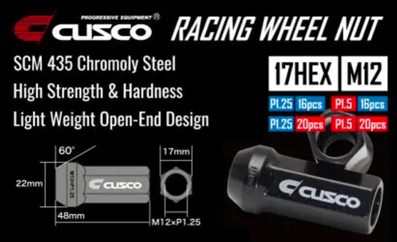 Cusco 00B 738 1516B Universal Wheel Lug Nut Set M12 x P1.5mm - Black (16pcs)