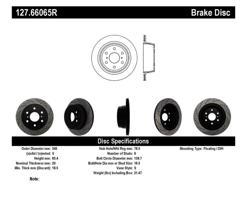 Stoptech 127.66065R 05-10 fits GMC Sierra (w/ Rear Drum) / 07-09 GMC Yukon Rear Right Slotted & Drilled Rotor