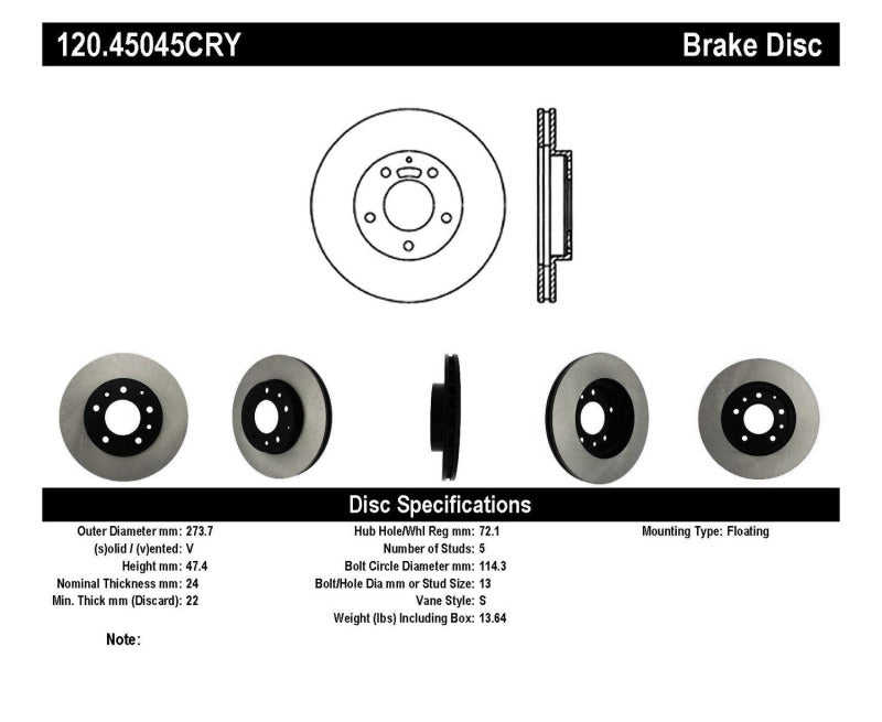 Stoptech 120.45045CRY Centric Mazda Premium Brake CryoStop Rotor