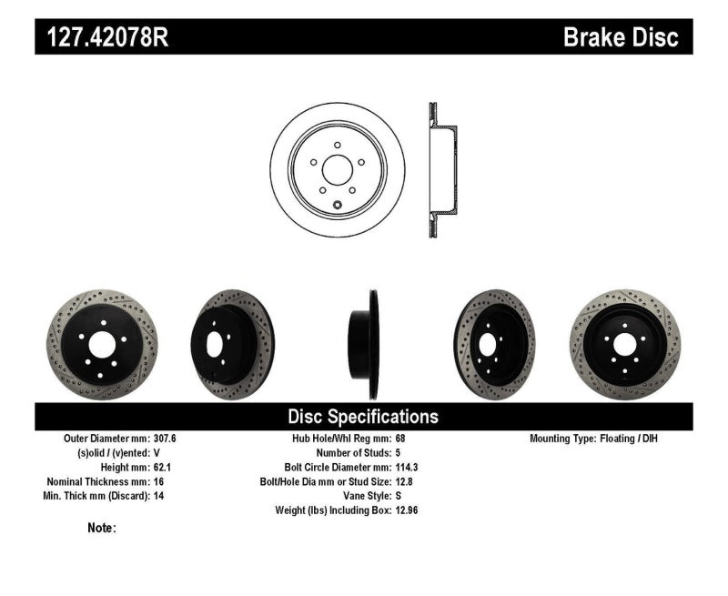 Stoptech 127.42078R Slotted & Drilled Sport Brake Rotor