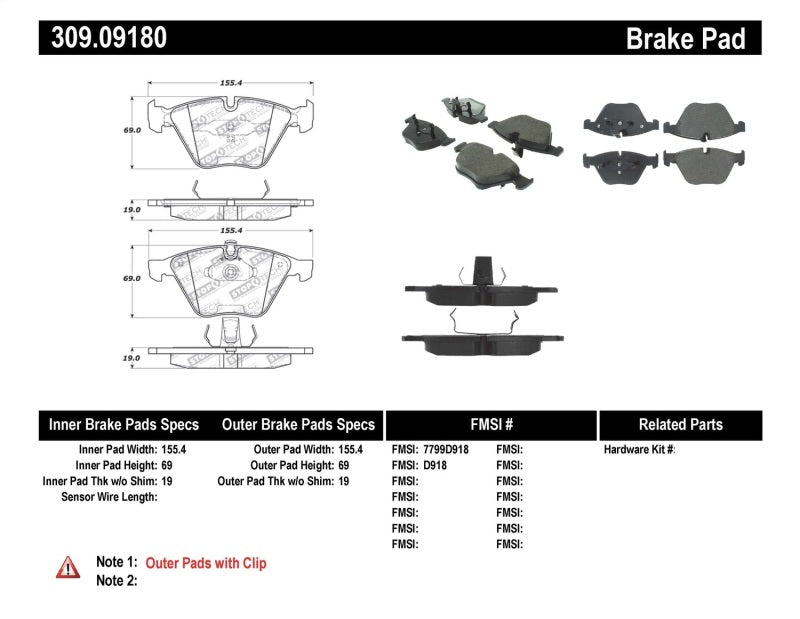 Stoptech 309.0918 Performance 07-09 fits BMW E90/E92/E93 335i Coupe/Sedan Front Brake Pads D918