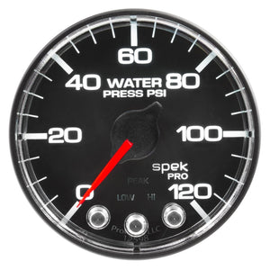 AutoMeter P345318 Autometer Spek-Pro Gauge Water Press 2 1/16in 120psi Stepper Motor W/Peak & Warn Blk/Chrm