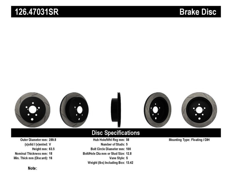 Stoptech 126.47031SR Power Slot 13 fits Scion FR-S / 13 Subaru BRZ Rear Right Slotted Rotor