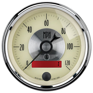 AutoMeter 2087 AutoMeter Gauge Speedo 3-3/8in. 120MPH Elec. Program W/Lcd Odo Prestige Antq. Ivory