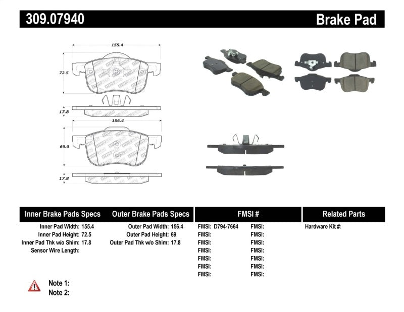 Stoptech 309.0794 Performance 01-09 Volvo S60 / 99-06 S80 / 01-07 V70/V70R Front Brake Pads