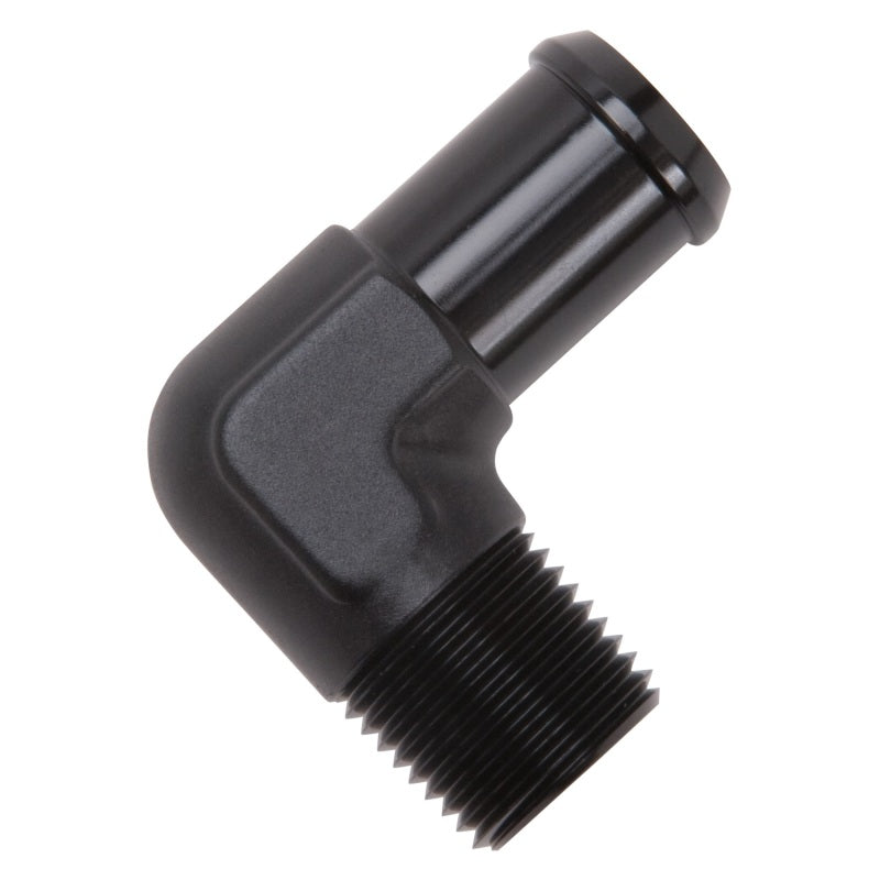 Edelbrock 8165 Hose End 90-Deg 1/2In NPT to 3/4In Barb Black Anodize