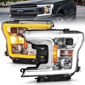 ANZO 111510 2018-2020 fits Ford F-150 Projector Headlight w/Plank Style Switchback Chrome Housing