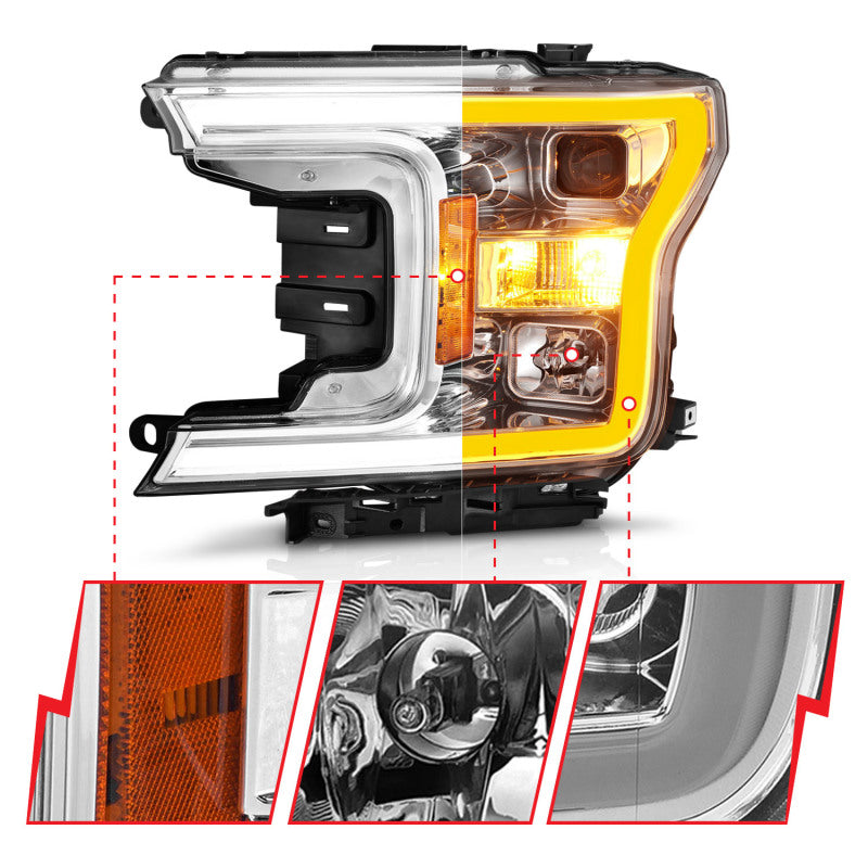 ANZO 111510 2020 fits Ford 18-20 F-150 Projector Headlight w/Plank Style Switchback Chrome Housing