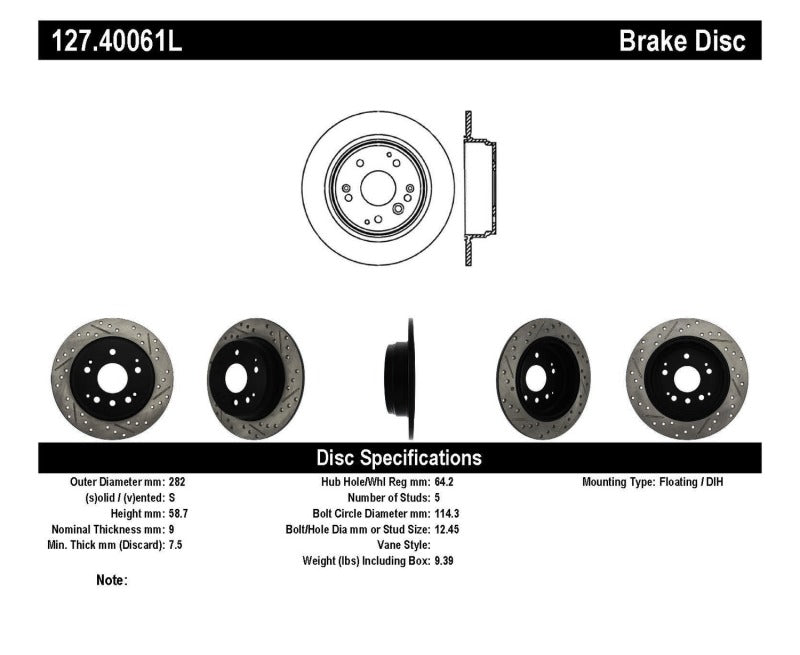 Stoptech 127.40061L 04-08 Acura TL / 03-09 Honda Element Slotted & Drilled Left Rear Rotor
