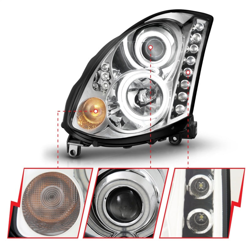 ANZO 121364 2007 fits Infiniti 03-20 G35 Projector Headlights w/ Halo Chrome (CCFL) (HID Compatible)