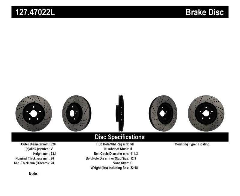 Stoptech 127.47022L 05-10 fits Subaru Impreza WRX/STi Slotted & Drilled Left Front Rotor