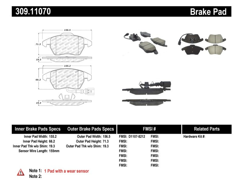 Stoptech 309.1107 Performance 06-10 fits Audi A3 / 08-10 Audi TT / 06-09 VW GTI / 05-10 Jetta Front Brake Pads