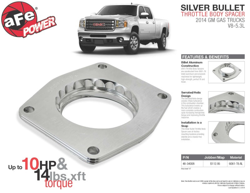 AFE 46-34008  Bullet Throttle Body Spacers TBS 2014 fits GM Silverado/fits Sier
