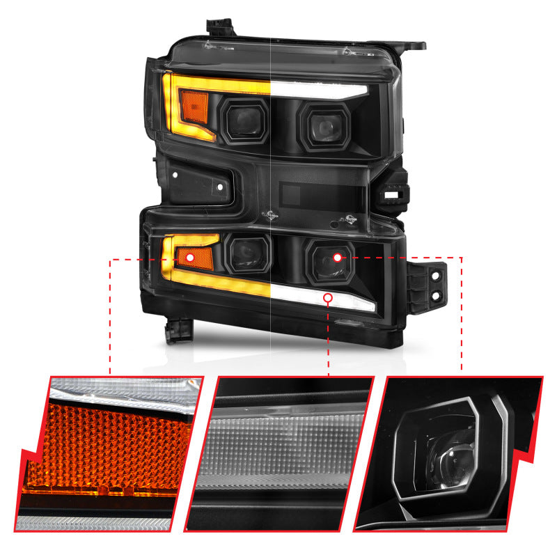 ANZO 111566-R fits Chevrolet 19-22 Silverado 1500 LED Proj HL w/Lgt Bar SwBk Seq. Blk w/In. Light - Passenger Side