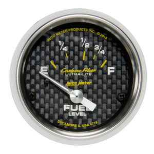 AutoMeter 4718 Autometer Carbon Fiber Gauge Fuel Level 2 1/16in 16e To 158f Elec Carbon Fiber