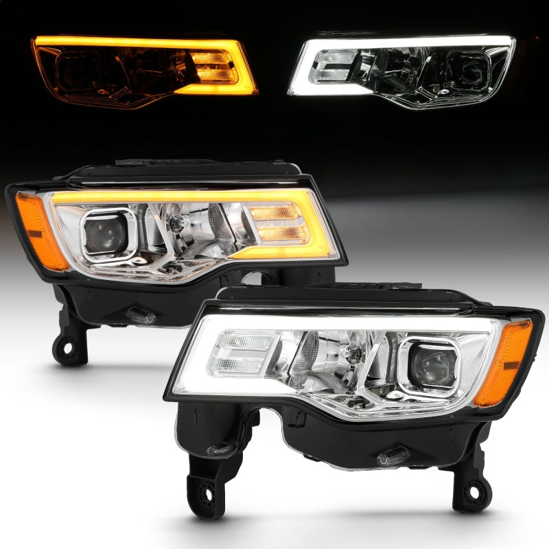 ANZO 111419 2018 fits Jeep 17-20 Grand Cherokee Projector Headlights w/ Plank Style Switchback - Chrome w/ Amber