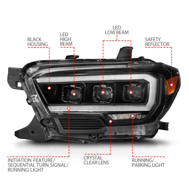 ANZO 111562 fits Toyota 16-22 Tacoma SR/SR5 ONLY Full LED Proj Headlights w/Light Bar Seq. Blk w/Initiation Lgt