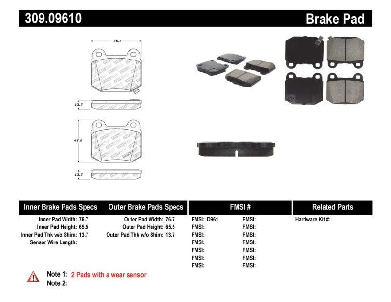 Stoptech 309.0961 Performance ST-22 2-Piston Rear Caliper Brake Pads