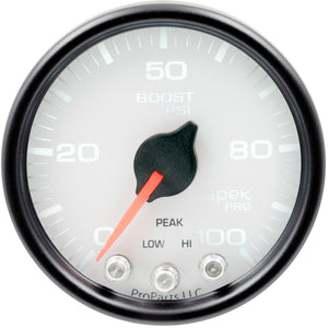 AutoMeter P30512 Autometer Spek-Pro Gauge Boost 2 1/16in 100psi Stepper Motor W/Peak & Warn Wht/Blk