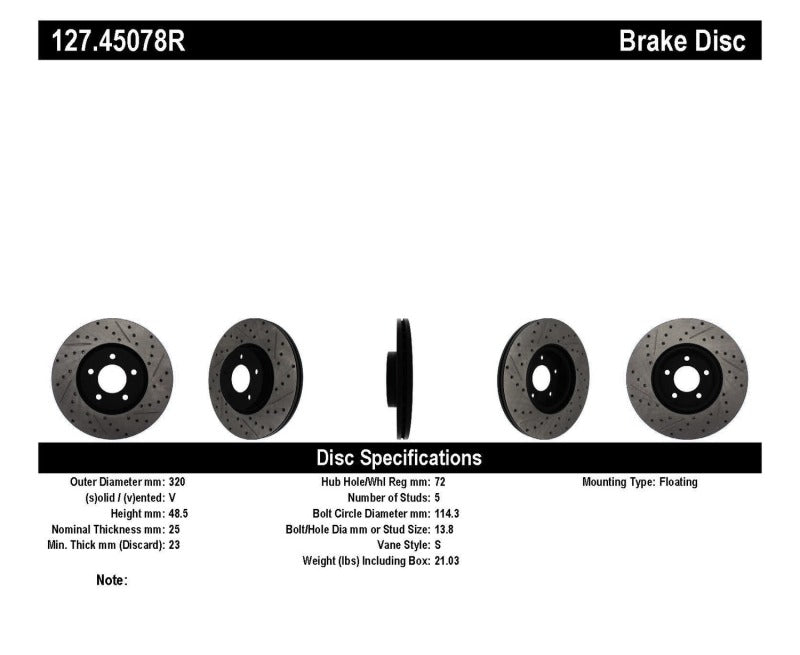 Stoptech 127.45078R 07-09 Mazda 3 Right Front Slotted & Drilled Rotors