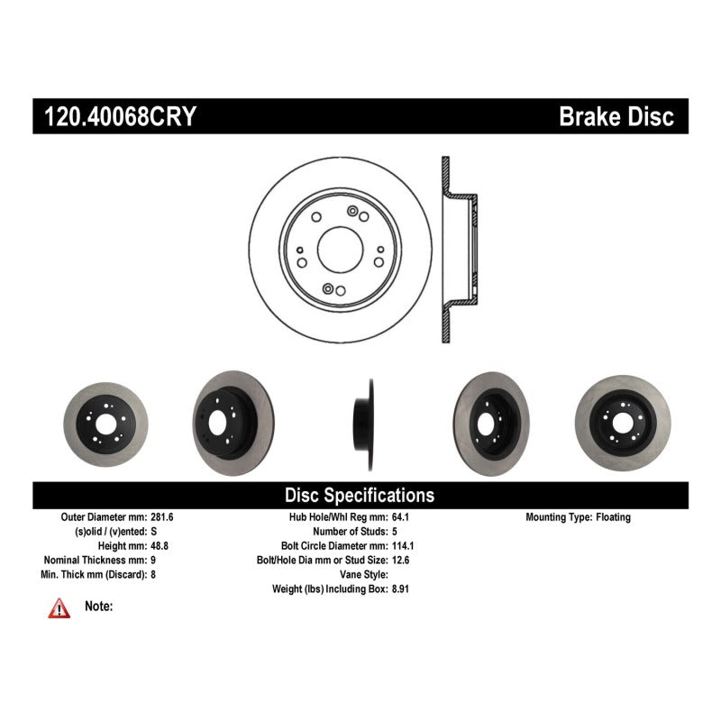 Stoptech 120.40068CRY 08-10 fits Honda Accord EX/EX-L/LX/LX-P/LX+ Rear Perf CRYO Rotor