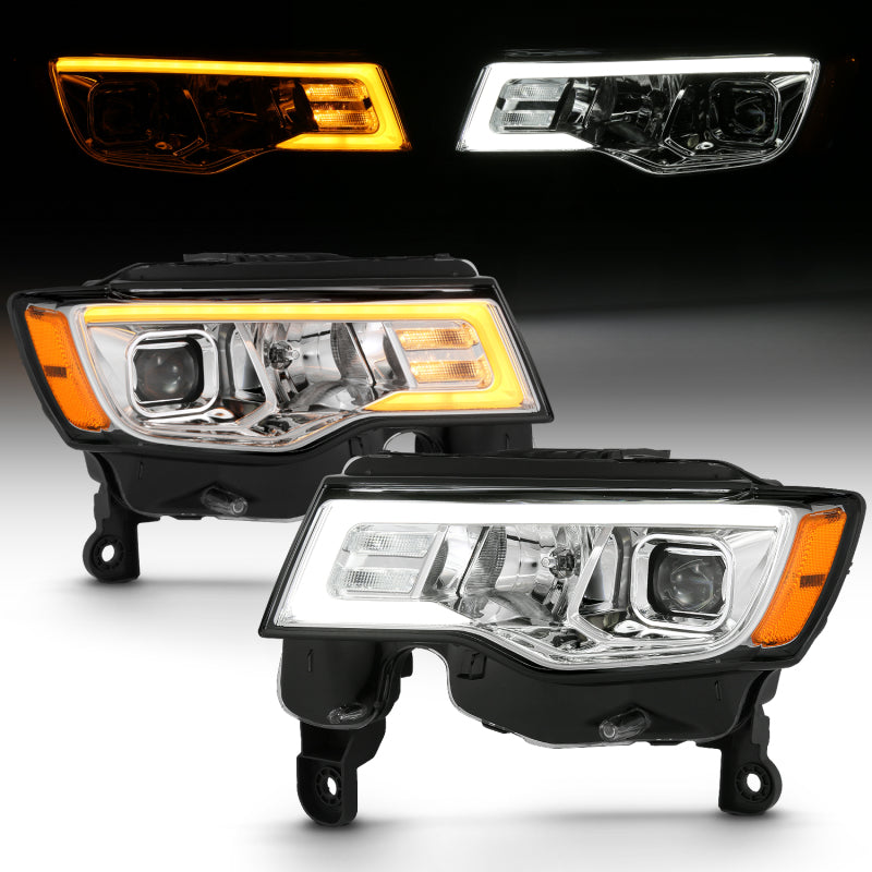 ANZO 111419 2018 fits Jeep 17-20 Grand Cherokee Projector Headlights w/ Plank Style Switchback - Chrome w/ Amber