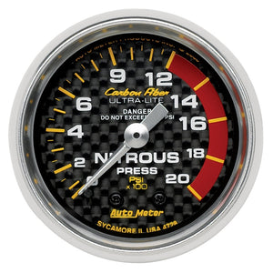 AutoMeter 4728 Autometer Carbon Fiber 52mm 1600 PSI Mechanical Nitrous Pressure Gauge
