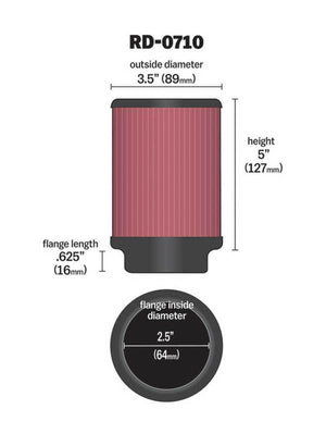 K&N Engineering RD-0710 K&N Universal Rubber Filter 2.5in Flange ID x 3.5in OD x 5in Height