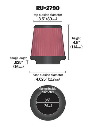 K&N Engineering RU-2790 K&N Filter Universal Rubber Filter 3 1/2 inch Flange 4 5/8 inch Base 3 1/2 inch Top 4 1/2 inch Heigh