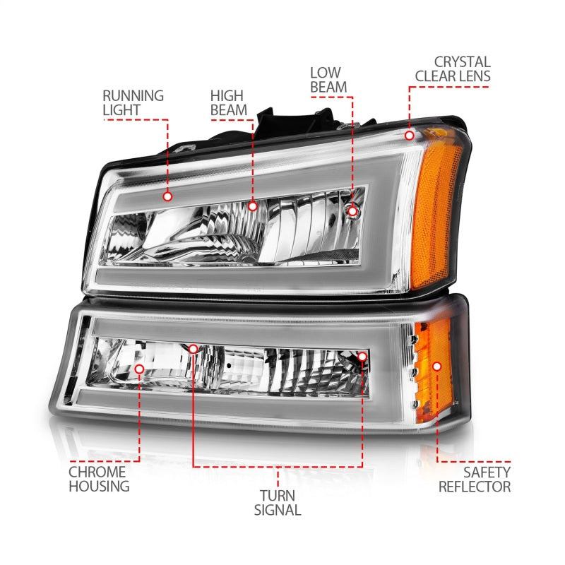 ANZO 111502 2006 fits Chevrolet 03-20 Silverado 1500 Crystal Headlights w/ Light Bar Chrome Housing