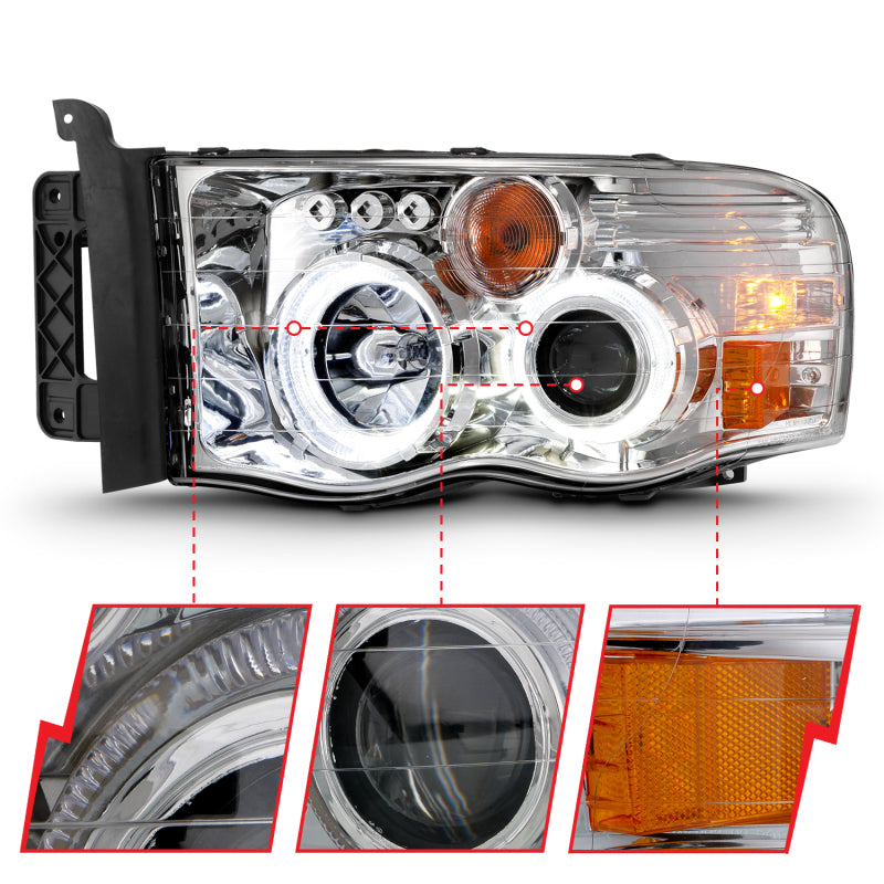 ANZO 111491 2005 fits Dodge 02-20 Ram 1500 Projector Headlights w/ Halo Chrome Clear Amber