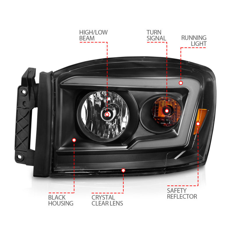 Anzo 111524 06-09 fits Dodge RAM 1500/2500/3500 Headlights Black Housing/Clear Lens (w/ Light Bars)