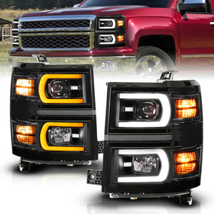 ANZO 111617 14-15 fits Chevy Silverado 1500 Black Dual Switchback+Sequential LED Tube Sq. Projector Headlights
