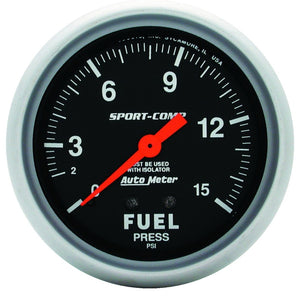 AutoMeter 3413 AutoMeter Gauge Fuel Pressure 2-5/8in. 15PSI Mechanical W/Isolator Sport-Comp