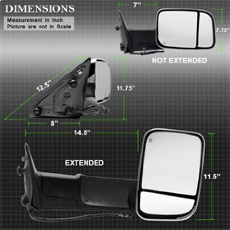 9933172 Xtune fits Dodge 09-12 Ram 1500 Extendable Heated Adjust Mirror Chrome