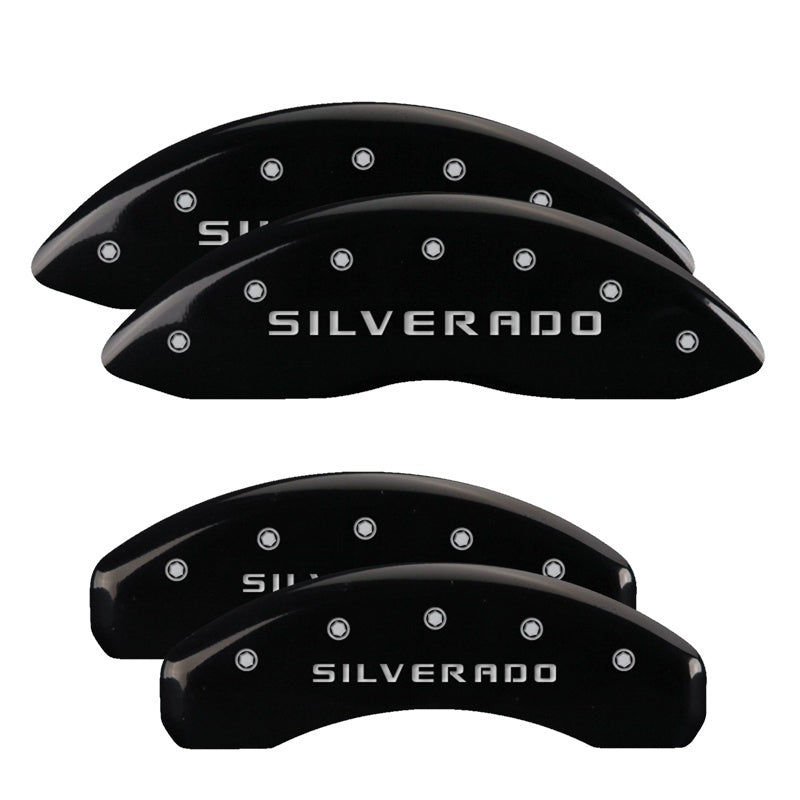 MGP 14252SSILBK 4 Caliper Covers Engraved Front & Rear fits Silverado Black Fini