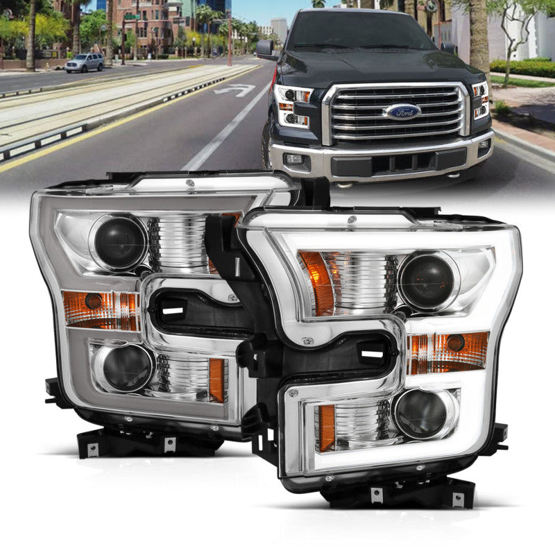 ANZO 111358 2017 fits Ford 15-20 F-150 Projector Headlights w/ Plank Style Switchback Chrome w/ Amber