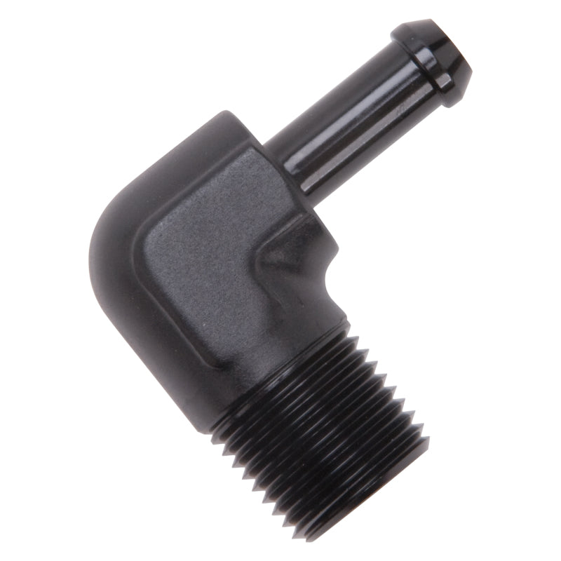 Edelbrock 8169 Hose End 90-Deg 1/2In NPT to 3/8In Barb Black Anodize