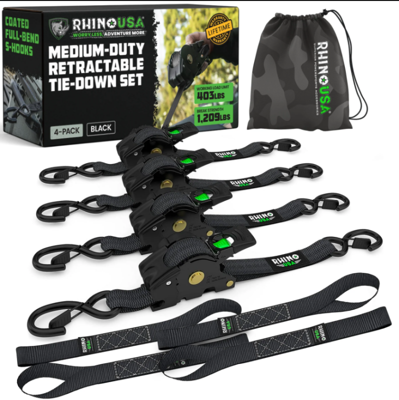 Rhino USA TD-RSRE1X10-2GRN Retractable Ratchet Straps (2Pk 1Inx10Ft) Green
