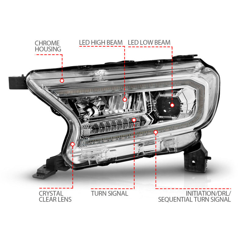 ANZO 111614 fits Ford 19-23 Ranger Full LED Projector Headlights w/ Initiation & Sequential - Chrome