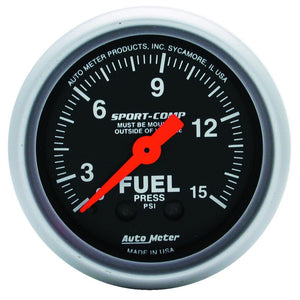 AutoMeter 3311 Autometer 2-1/16in 0-15 PSI Mechanical Sport-Comp Fuel Pressure Gauge