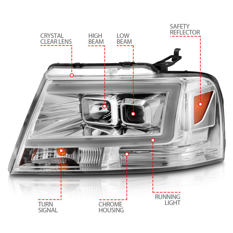 ANZO 111542 2008 fits Ford 04-20 F-150 Projector Headlights w/ Light Bar Chrome Housing