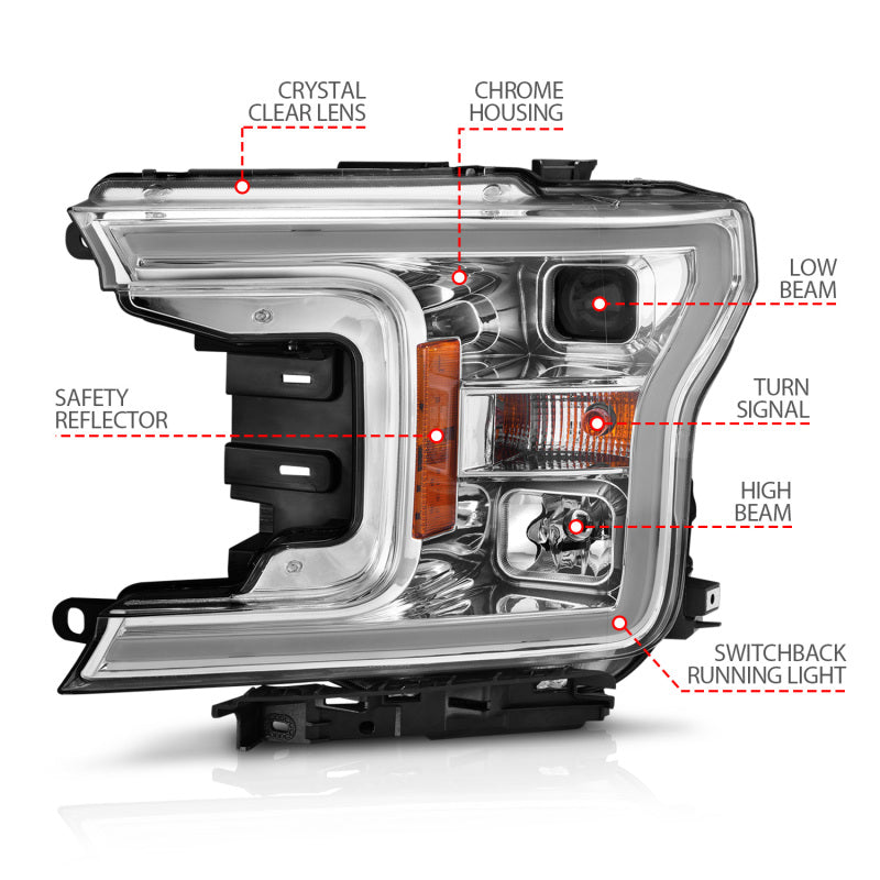 ANZO 111510 2020 fits Ford 18-20 F-150 Projector Headlight w/Plank Style Switchback Chrome Housing