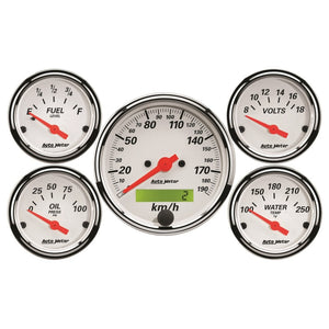 AutoMeter 1302-M Autometer Arctic White 5 Pc Kit Box w/ Elec KMH Speedo, Elec Oil Press, Water Temp, Volt, Fuel Level