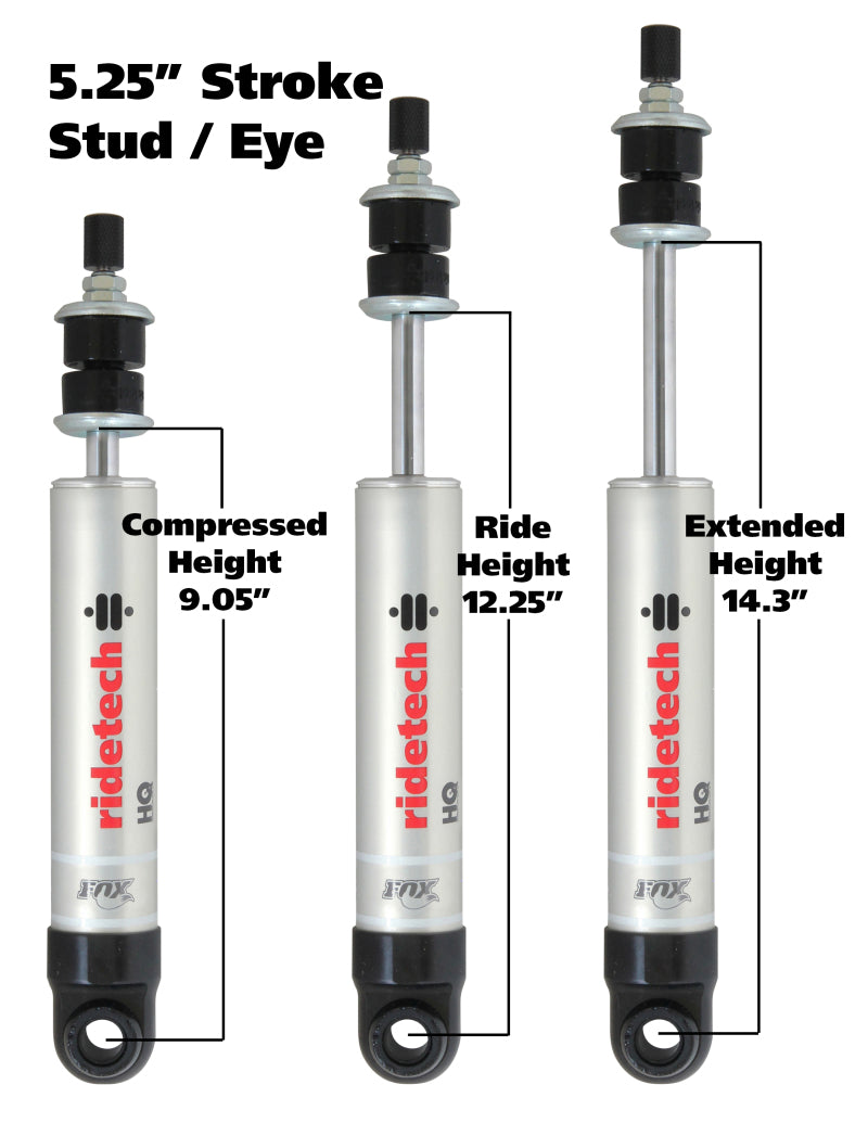 Ridetech 22159845 HQ Series Shock Absorber Single Adjustable 5.25in Stroke Eye/Stud Mounting 9.05in x 14.3in