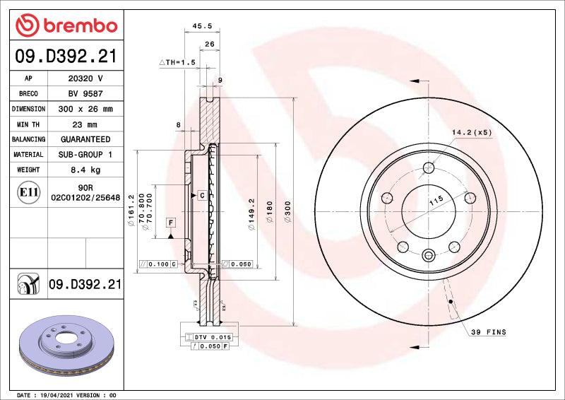 Brembo OE 09.D392.21 14 15 fits Chevrolet Cruze/19-22 Equinox/Malibu/21-24 Trail