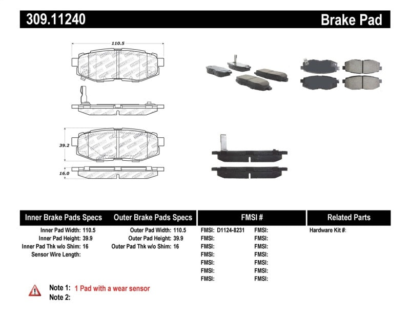 Stoptech 309.1124 Performance 06-10 fits Subaru Legacy Sedan/Outback/13 BRZ / 13 Scion FR-S Rear Brake Pads