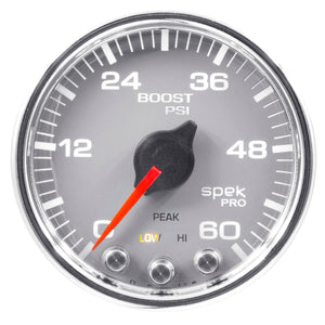 AutoMeter P30421 Autometer Spek-Pro Gauge Boost 2 1/16in 60psi Stepper Motor W/Peak & Warn Slvr/Chrm