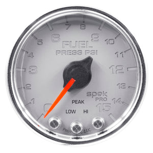 AutoMeter P31521 Autometer Spek-Pro Gauge Fuel Press 2 1/16in 15psi Stepper Motor W/Peak & Warn Slvr/Chrm